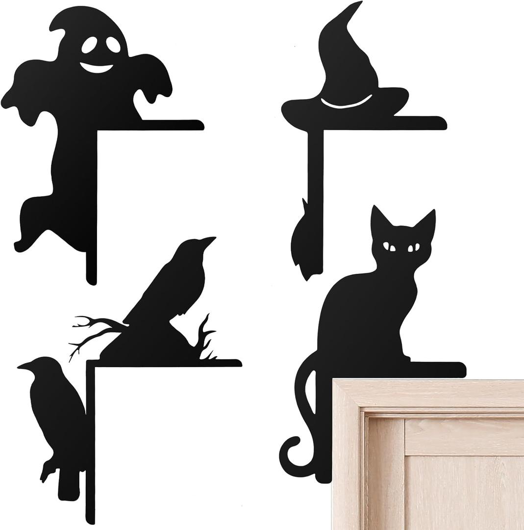 4 Pieces Halloween Door Corner Sign Decoration, Black Metal Door Frame Decor Ghost Black Cat Witch Hat Crow Halloween Frame Topper Sign for Home Window Party Decoration