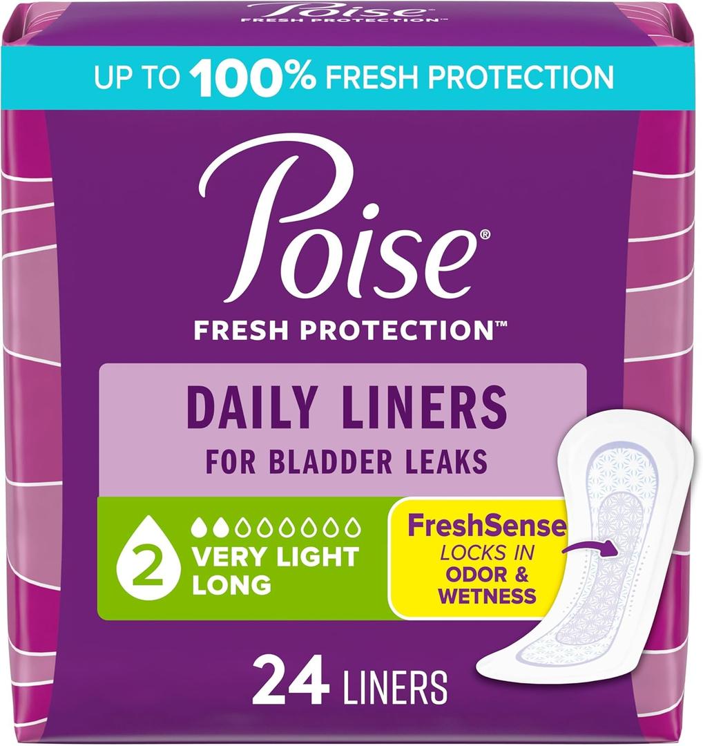 Poise Daily Liners, Incontinence Panty Liners for Bladder Leaks, 2 Drop Very Light Absorbency, Long Length, 24 Count of Pantiliners, Packaging May Vary