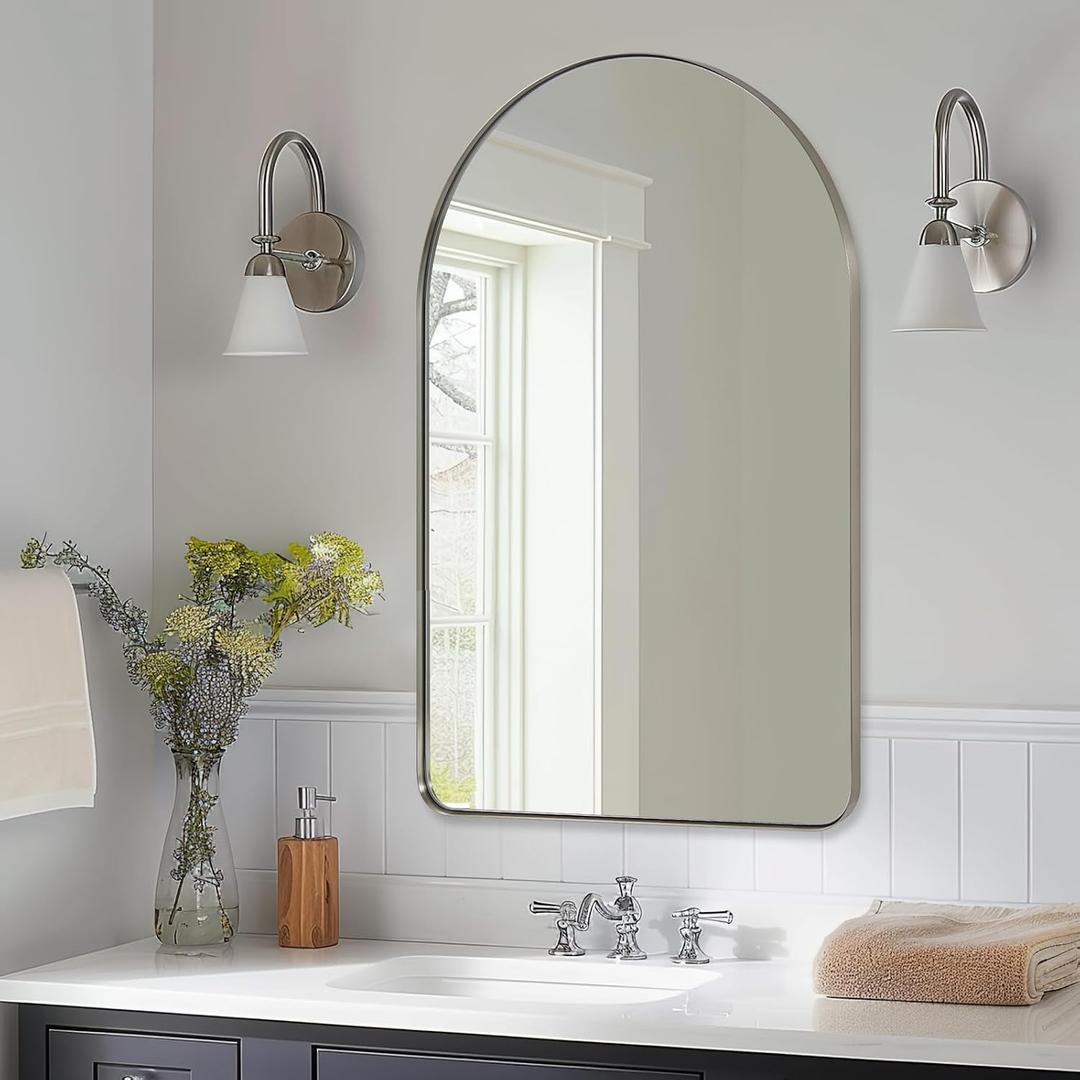ANDY STAR Arched Mirror, 22" x 35" Brushed Nickle Bathroom Mirror in Stainless Steel Metal Frame, Arch Top Rounded Corner 1" Deep Set Design Wall Mount Hangs Vertical