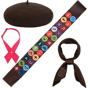 4 Pcs Halloween Scout Costume Set Include Blackish Green Beret Sash Scarf and Bowtie for Women Party Dress Up (Brown)