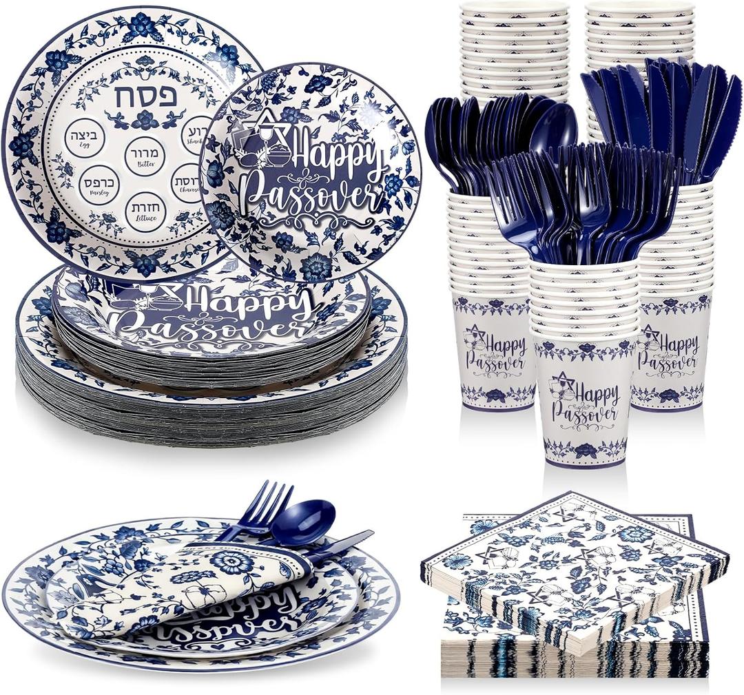 FillTouch 168 Pcs Passover Party Goods Supplies for 24 Guests, Include Paper Plates Cups Napkins Plastic Knives Forks Spoons Seder Tableware Set for Passover Family Party (Embroidered)