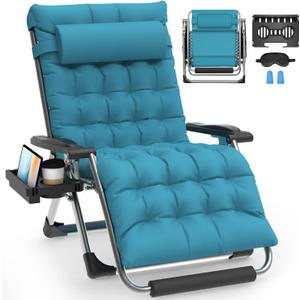 Slendor Oversized Zero Gravity Chairs XXL, 33IN Padded Zero Gravity Lounge Chair, Folding Reclining Patio Chair Lawn Recliner w/Aluminum Alloy Lock, Headrest, Cup Holder, Support 500lbs, Light Blue