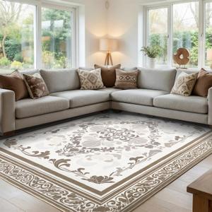 SOULFUL Medium Pile 8x10 Rugs for Living Room - Soft Foot Feel Large Area Rug - Brown Boho Floral - Washable Non-Slip - Perfect for Bedroom Kids Room Under Dining Table Office