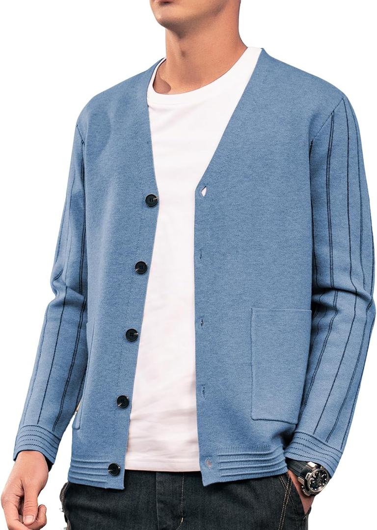 Men's Cardigan Sweater Button Front V-Neck Long Sleeve Knit Sweaters (Blue, 3XL)