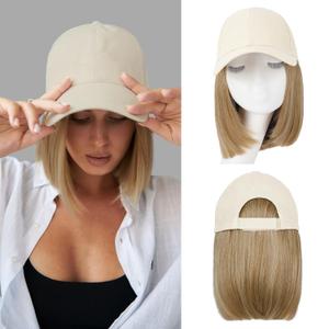 Hat Wigs for Women Baseball Cap with Hair Extensions Short Straight Bob Hairstyle Caps with Hair Attached Adjustable Baseball Cap Wig for Daily Party(12inch) (Straight-27/613)
