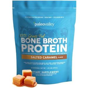Paleovalley 100% Grass Fed Beef Bone Broth Protein Powder - Rich in Collagen Peptides for Hair, Skin, Gut Health, Bone and Joint Support - 13g Protein Per Serving - No Gluten or GMOs - Salted Caramel (EXP: 05/2028)