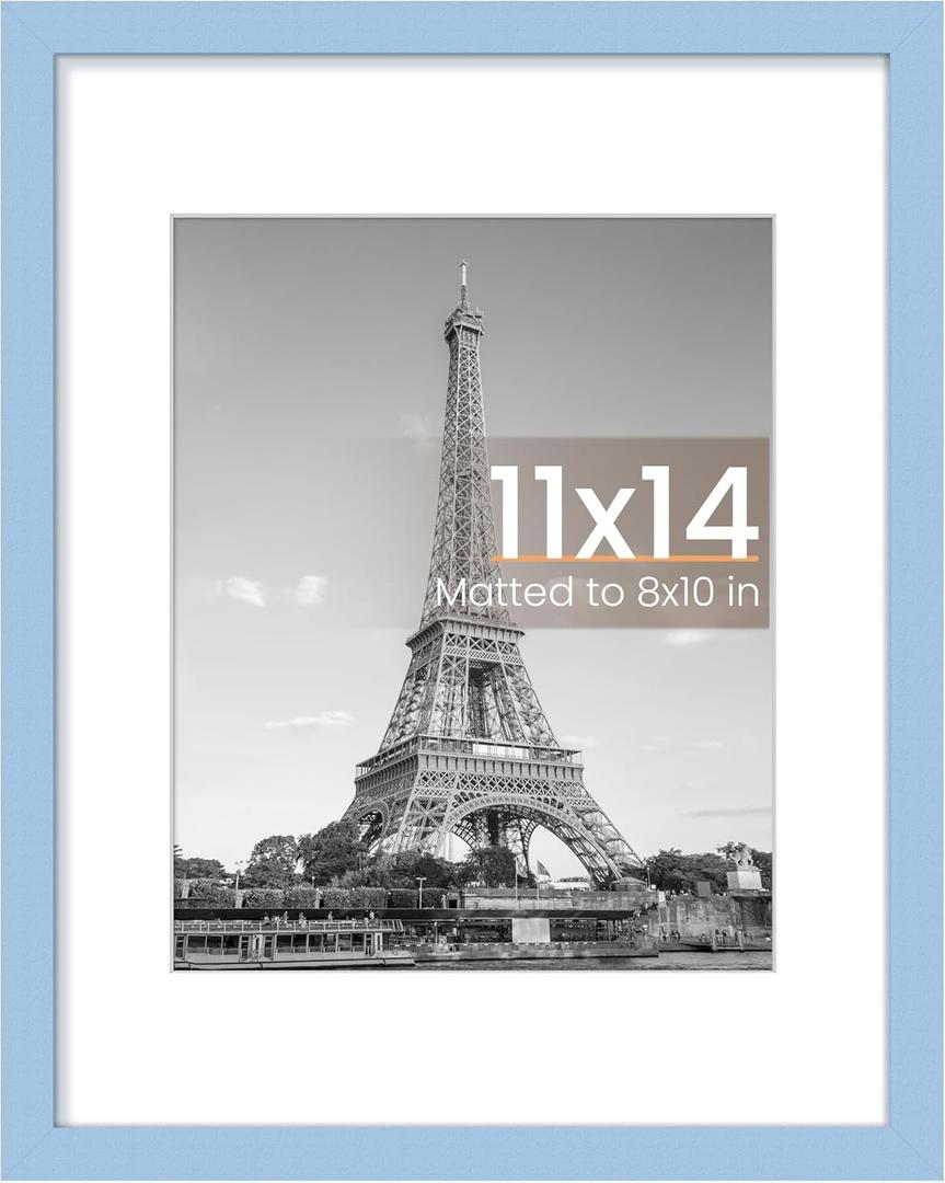 upsimples 11x14 Picture Frame, Display Pictures 8x10 with Mat or 11 x 14 Without, Wall Hanging Photo Frames, Blue, 1 Pack