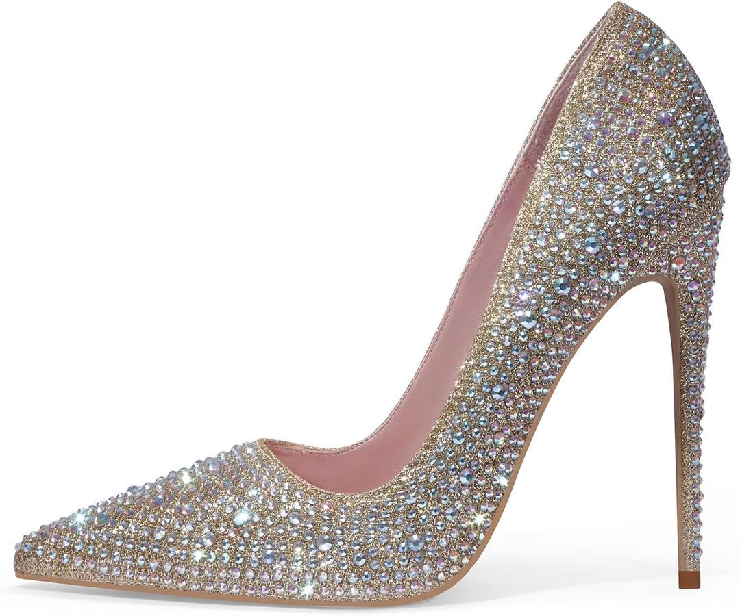 Elisabet Tang Women Pumps, Pointed Toe High Heel Glitter Rhinestone Heels Sparkly Prom Shoes Stiletto Wedding Heels for Bride Shoes for Women (11, Gold)