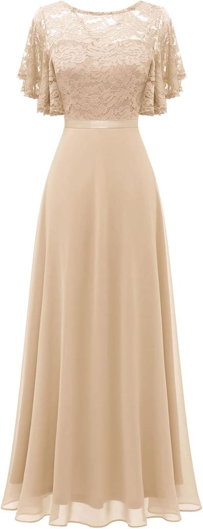 DRESSTELLS Women's Formal Dresses for Wedding Guest Prom Ruffle Sleeve Lace Maxi Dress Evening Gown 2026 (Large, Champagne)