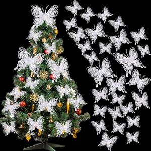 Jutom 36 Pcs Christmas Tree Butterfly Ornaments 3 Sizes 3D Glitter Hollow Butterfly Decorations Xmas Butterflies Wall Hanging Decor with Clips and Stems for Christmas Tree Wreath (White)