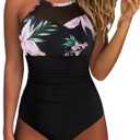 SUUKSESS Women Tummy Control One Piece Swimsuit Sexy Mesh High Neck Bathing Suit (Medium, 58 Tropical Floral Black)