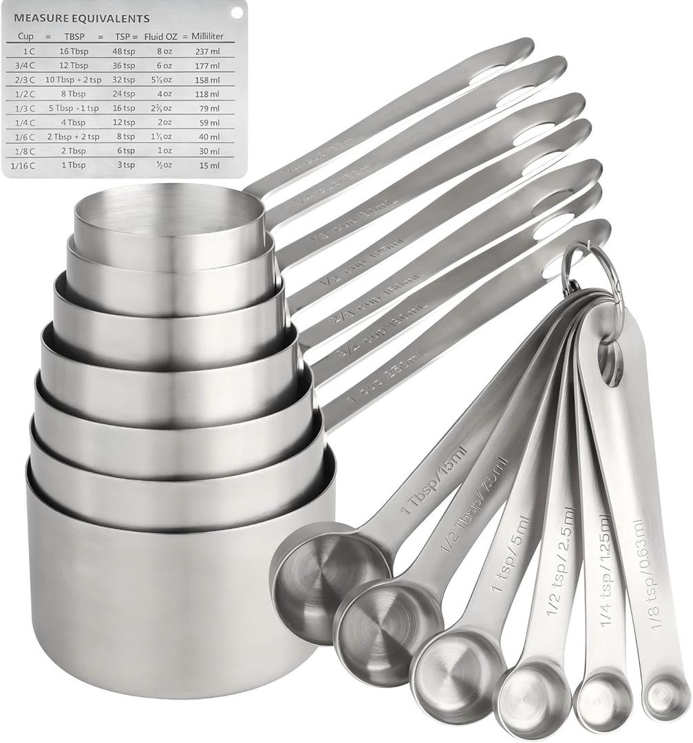 Measuring Cups and Spoons Set 16, 18/8 Stainless Steel Measuring Cups and Spoons for Dry&Liquid, 7 Metric&US Measing Cups &6 Measuring Spoons &Measure Equivalents for Kitchen&Baking