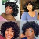 Short Curly Human Hair Wigs for Black Women Glueless Bouncy Curly Bob Wig With Bangs Big Curl Natural Looking Human Hair Wig for African American Women 8 Inch