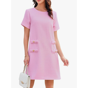 Women's Tweed Mini Dress Short Sleeve Crew Neck Work Office Elagant Formal Summer A Line Dresses M