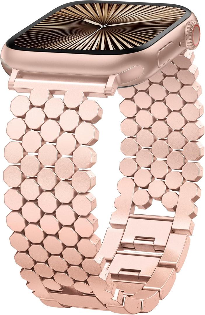 Minyee Compatible with Apple Watch Band Women 41/40/38/44/45/46/49/42mm, Dressy Honeycomb Pretty Adjustable Metal Designer Classy Wristband for iWatch Series 11 10 9 8 7 6 5 4 3 2 1 Ultra SE (Pink)
