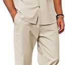 COOFANDY Men 2 Piece Linen Outfit Beach Button Down Shirt Casual Loose Pant Sets (Medium, Khaki)