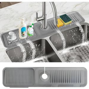 24 inch Silicone Kitchen Sink Splash Guard, 5 Slope Splash Guard for Kitchen Sink Area, Faucet Draining Mat for Kitchen Sink, Gray