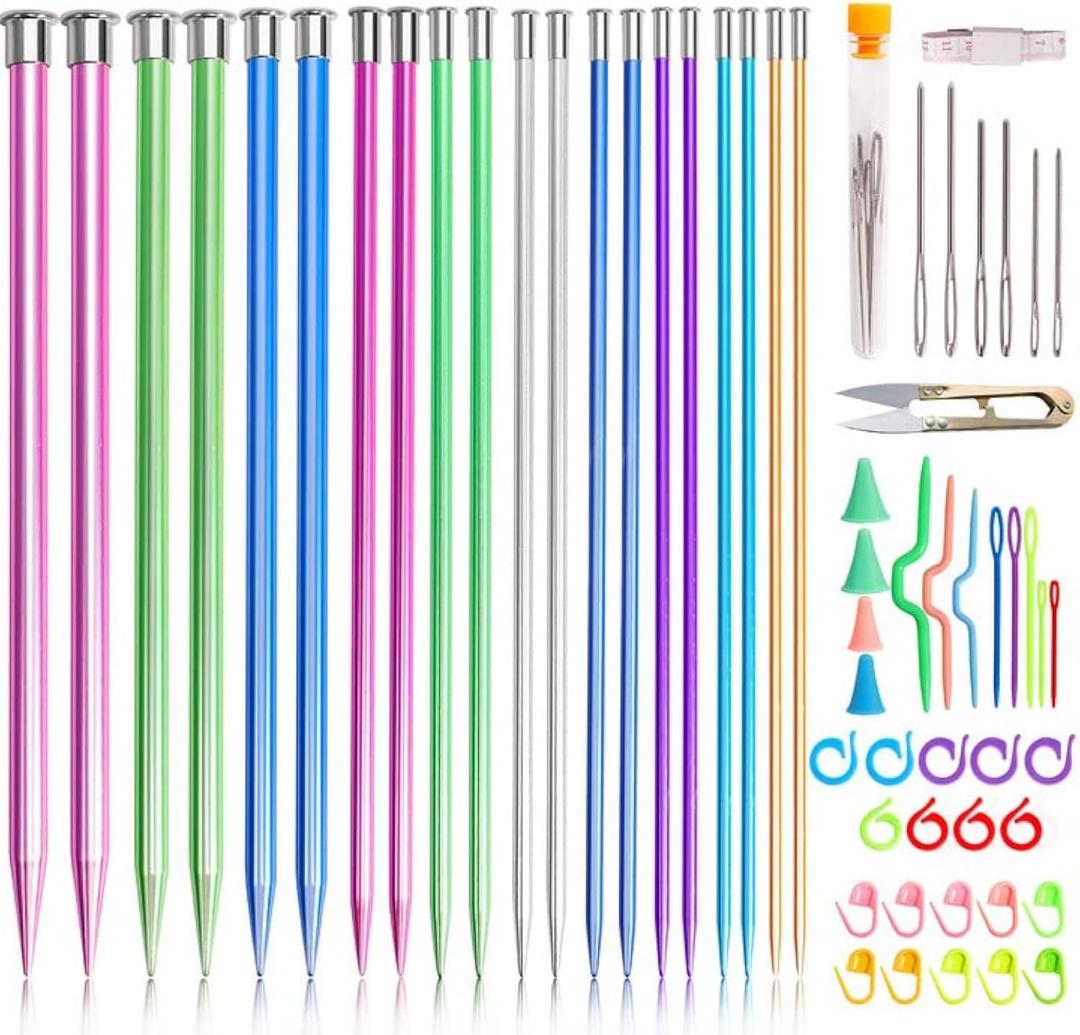 64pcs Knitting Needle Set, 20pcs Aluminum Knitting Needles Set, Colored Straight Single Pointed Knitting Needles, 10size 3.0-10mm 9.8inch Length for Handmade DIY Knitting with Knitting Accessories (25cm)
