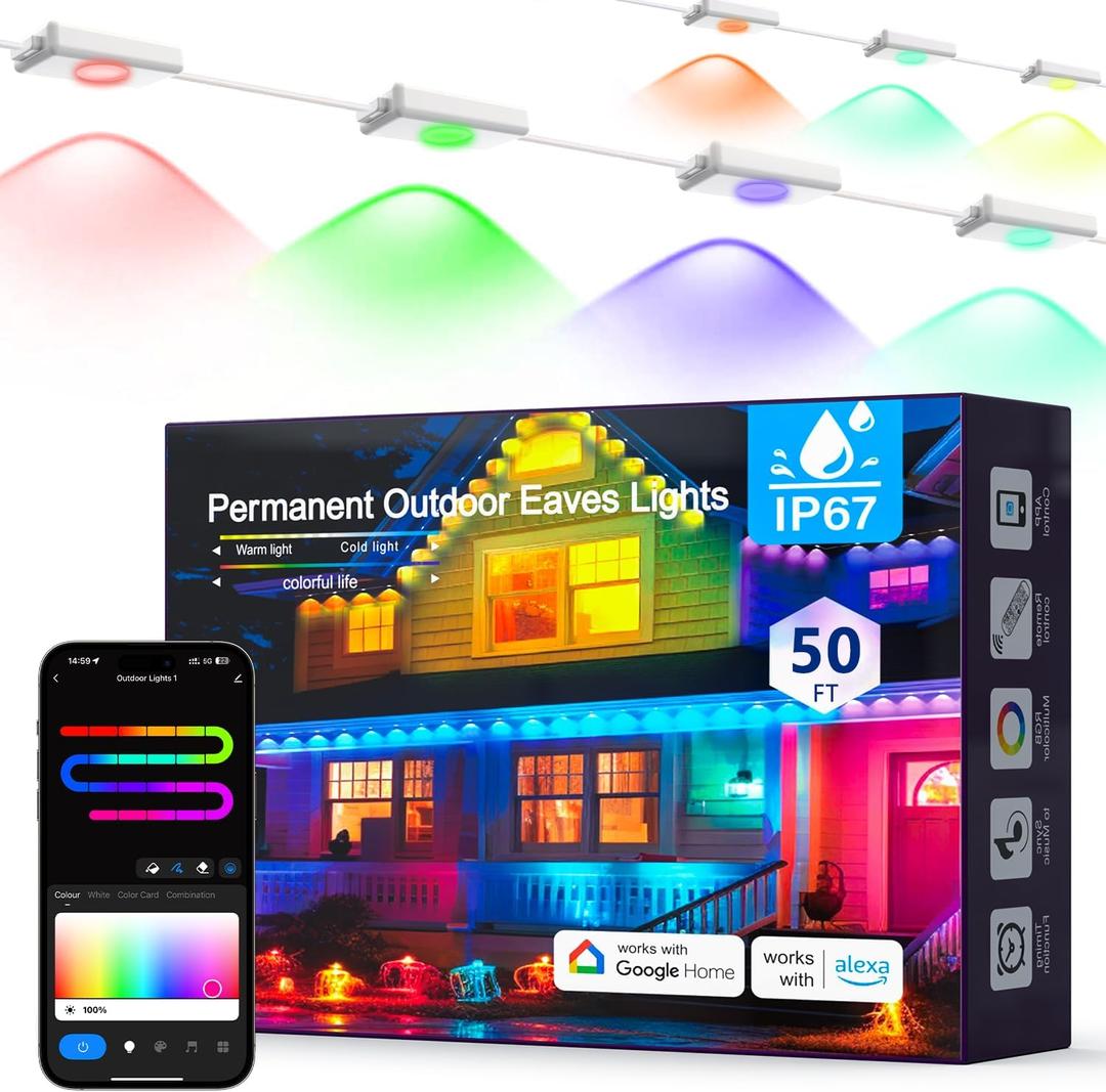 50FT Permanent Outdoor Lights Pro, RGBIC Smart Eave Lights IP67 Waterproof, 120 Scene Modes with 596lm RGB for Outdoor Decorations, Christmas, Smart App/Remote, Compatible with Alexa, Google Enabled (White)