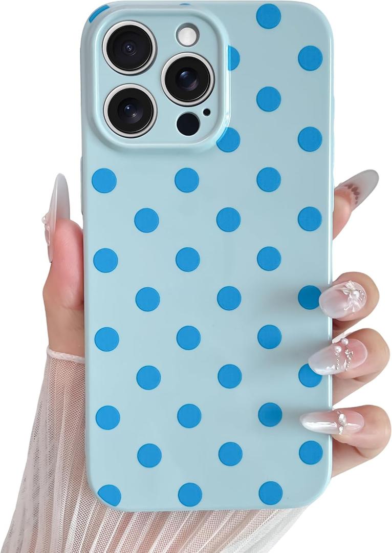 Skyseaco Compatible with iPhone 15 Pro Case Cute Polka Dot Phone Case Soft Slim TPU Shockproof Phone Cover Full Camera Protection for Women Girls - Blue