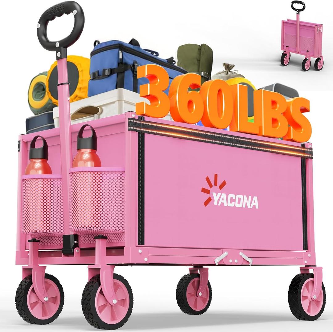 YACONA 3 in 1 Wagons Carts Foldable, 360LBS Lightweight Wagon with All Terrain Wheels, Collapsible Wagon Cart for Grocery, Camping, Beach, Garden & Sports (Pink)