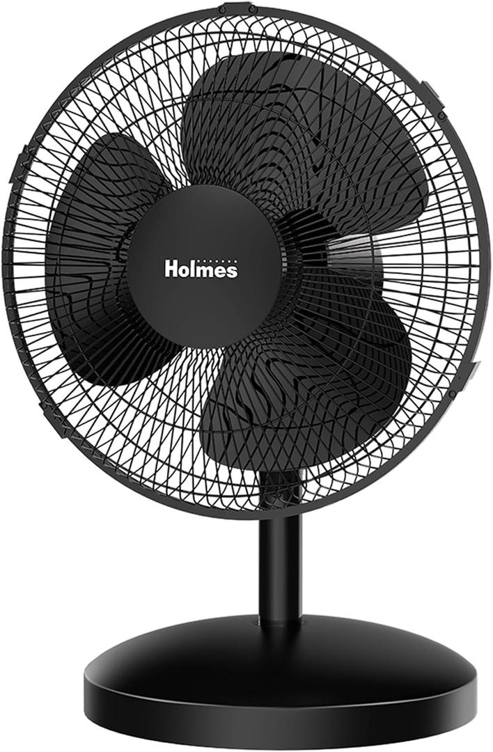 Holmes 12 Inch Oscillating Table Fan 3 Speeds 75 Degree Wide Angle Oscillation Adjustable 15 Degree Tilt Quiet Operation Home Office Bedroom Kitchen Black