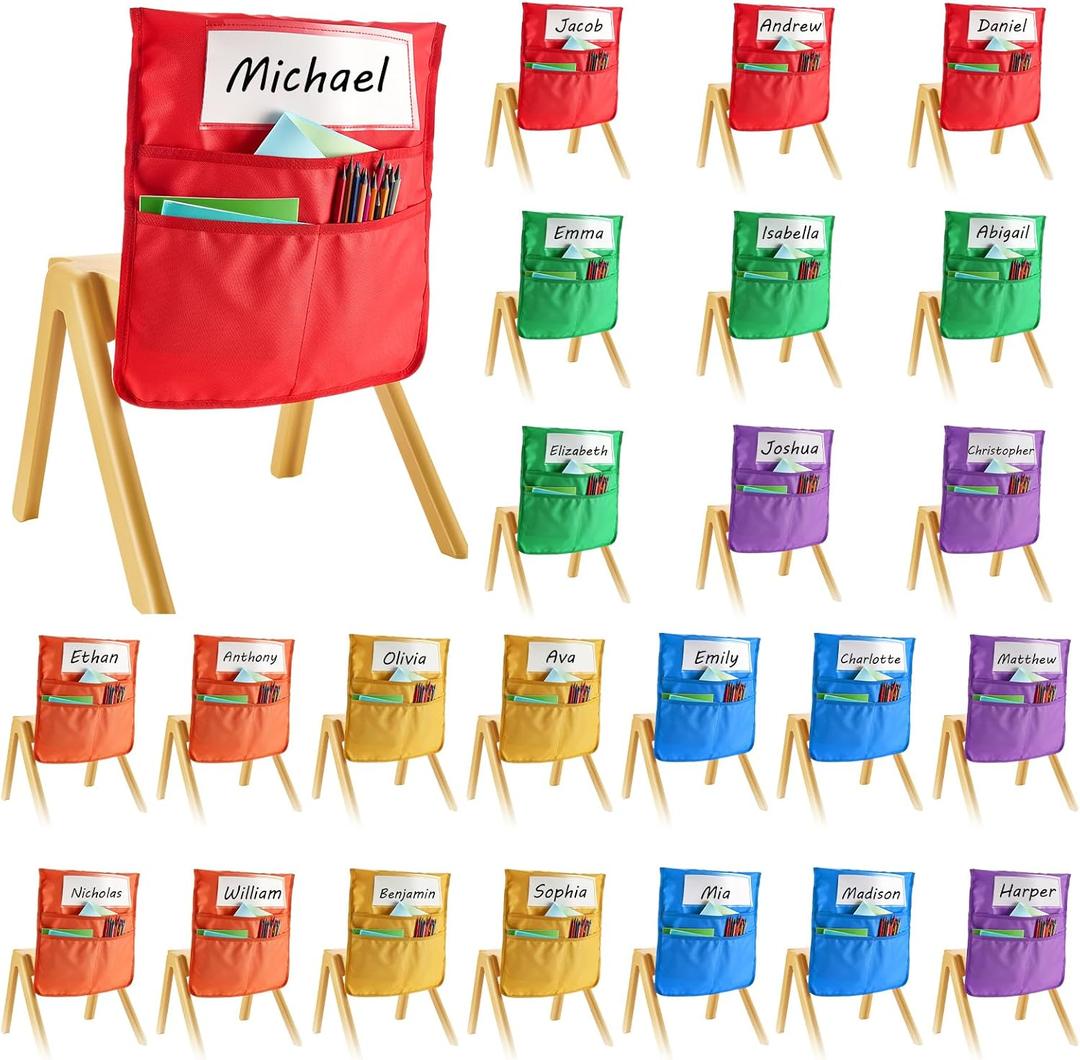 VEVOR Chair Pockets for Classroom, 24 Pack, 14 x 15 Inches Chairback Buddy Pocket with Name Tag, 6 Bright Colors, Back of Chair Organizer for Kids in Classroom, Kindergarten, School, and Home