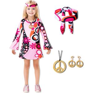 MOMMY'S NEW MAN Toddler Girl's 60s 70s Flower Halloween Party Disco Peace and Love Hippie Dress (3T, Pink)
