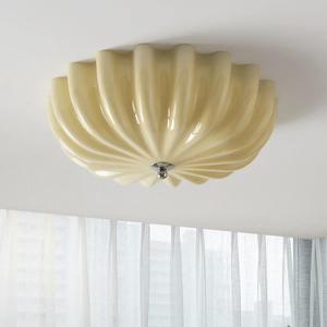 LED Flush Mount Vintage Yellow Glass Hallway Ceiling Lamp - Mid Century Overhead Light with Ribbed Glass Shade - Farmhouse Ceiling Light for Nursery, Kids Room, Bedroom, Bathroom