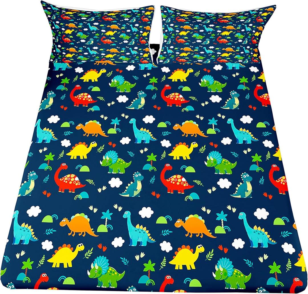Dinosaur Fitted Sheet Queen Size Kids Bedding Set Cartoon Dinosaur Fitted Sheet For Boys Children Colorful Bedroom Decor Ancient Jungle Animals Bed Cover Tropical Hawaiian Palm Leaf Bed Set Blue (Queen(60"x80"), Multi 108)