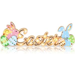 Sieral Easter Decorations Wooden Easter Decor for Table with LED Lights Lighted Bunny Sign Farmhouse Tabletop Decoration for The Home Living Room Party Holiday Decor