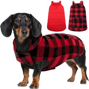 ASENKU Dog Winter Coat, Fleece Doggie Jacket Plaid Reversible Vest Waterproof Windproof Cold Weather Clothes for Small Dogs(Red S)