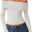 QINSEN Womens Off The Shoulder Tops Double Lined Long Sleeve T Shirts Slim Fitted Stretchy Crop Top (Medium)