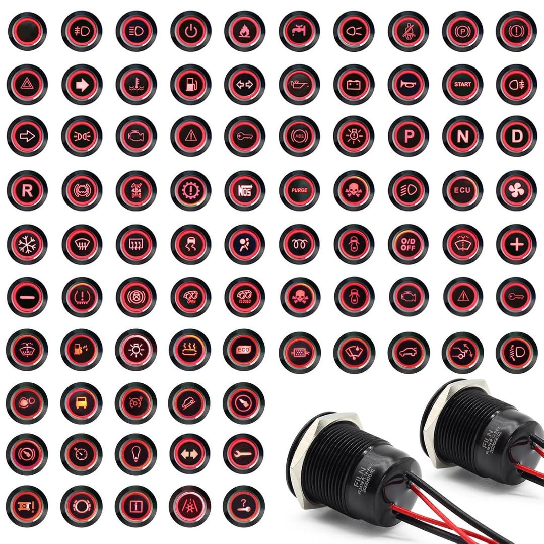 2PCS Latching Push Button Switch Power Button 12v 24v Switch 19mm 3/4'' Includes 180x Replacemnt Symbols 5A IP67 Waterproof Switches for Cars Boat Panel Mounting(Black Plated Red)