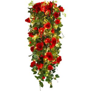 RECUTMS 2PCS Artificial Hanging Rose Fake Flowers Garland with Lights | 37in,Silk Floral Ivy Plants,with 30 LED Lights,Greenery,for Home,Room,Garden,Wedding Arch,Indoor,Outdoor Wall Party Decor