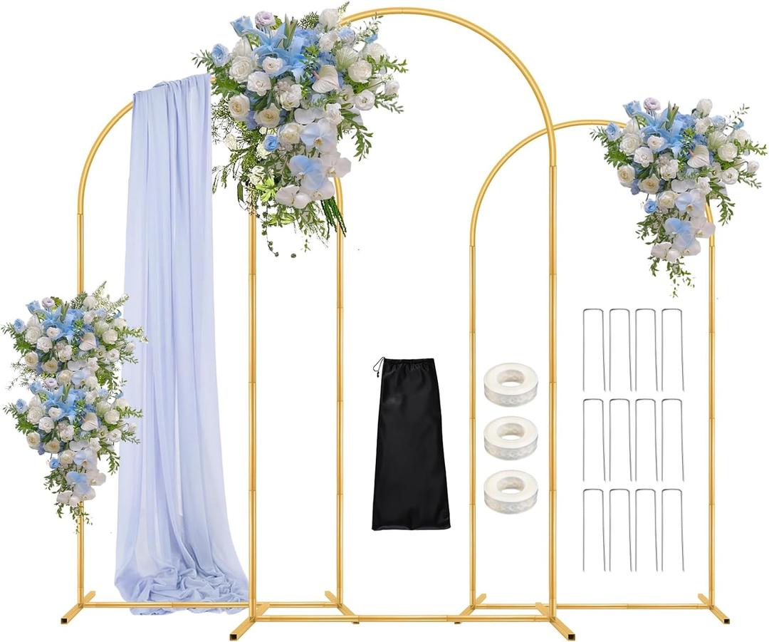 Wedding Arch Backdrop Stand, 6FT, 5FT, 4FT Set of 3 Metal Gold Balloon Arch kit Stand for Ceremony Baby Shower Birthday Bridal Party Event Background Decoration, Garden Climbing Plant Fram