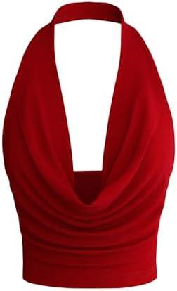 SOLY HUX Women's Cowl Neck Halter Neck Going Out Tops Open Back Sleeveless Y2k Crop Tank Top XS, Red