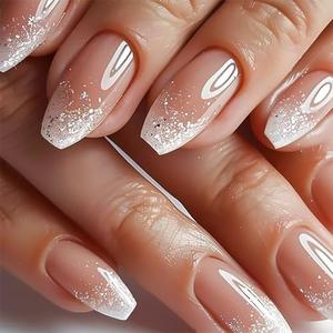 Tyuimhx Silver Glitter French Tip Press on Nails Medium Coffin Fake Nails Gradient False Nails Glossy Full Cover Stick on Nails Ombre Glue on Nails Acrylic Artificial Nails for Women 24 Pcs