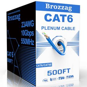 CAT6 Plenum Cable 500ft, 23AWG UTP 550MHz 10Gbps, DSX-8000 Certified, Internet Cable Rated for in-Wall, Outdoor & Direct Burial, Tangle-Free Spool, Bulk Cat5E LAN Wire for Home, Office (Blue)