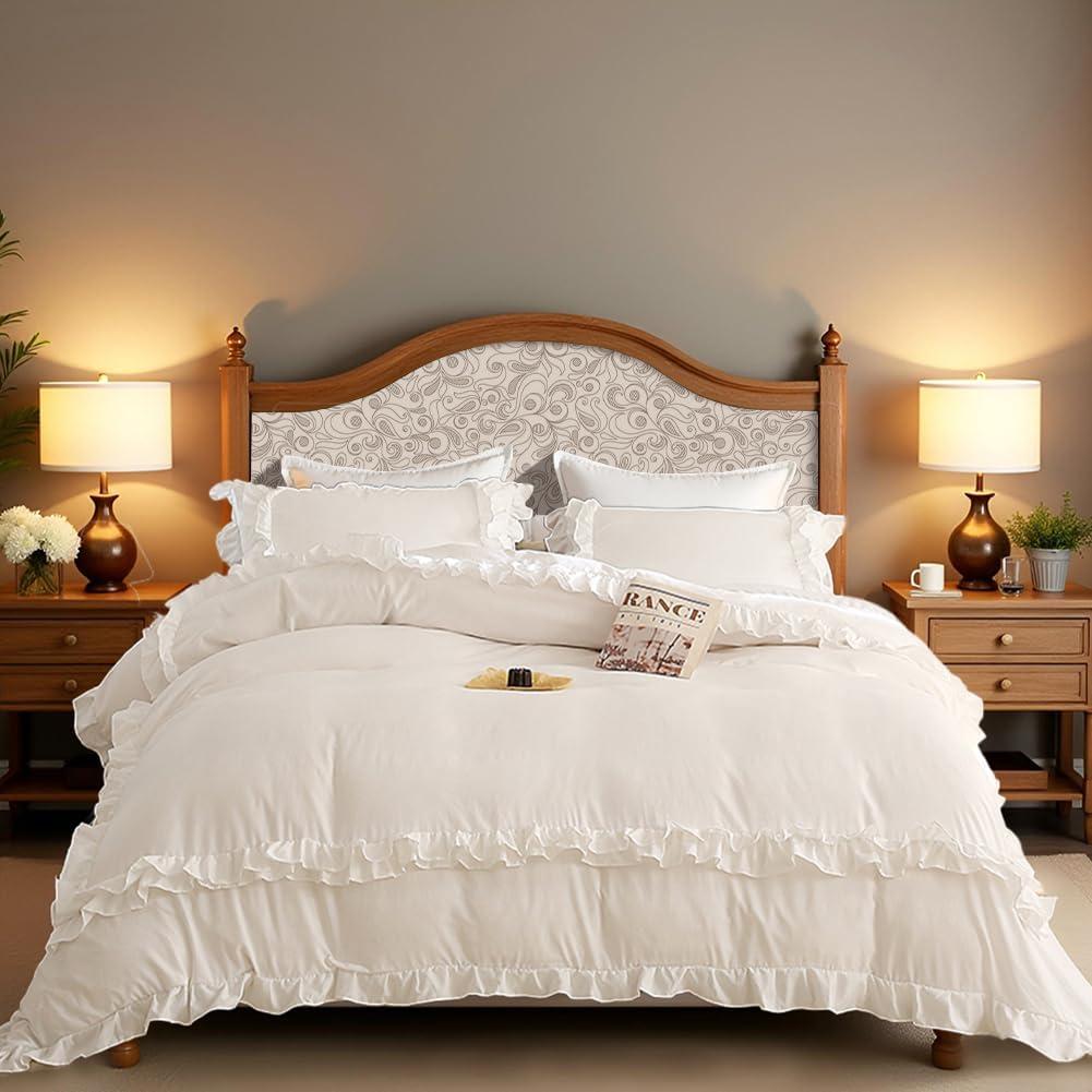 White Ruffle Duvet Cover King Girls Shabby Chic Farmhouse Bedding Set 3Pcs 100% Washed Microfiber Duvet Cover Set Boho Vintage Ruffled Bedding with Zipper Closure & Corner Ties,2 Pillowcases