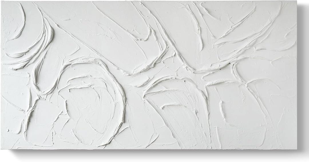 GeekMacro Abstract Textured Wall Art Hand Painted White Canvas Modern Oil Painting 58x29 Contemporary Minimalist Large Artwork Horizontal/Vertical Wall Decor