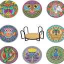DIY Diamond Art Mandala Coaster Set, 8 Pack with Metal Holder, Cork Base Owl Butterfly Theme, Mosaic Painting Kit for Adults Beginners, Double Layer Craft Supplies