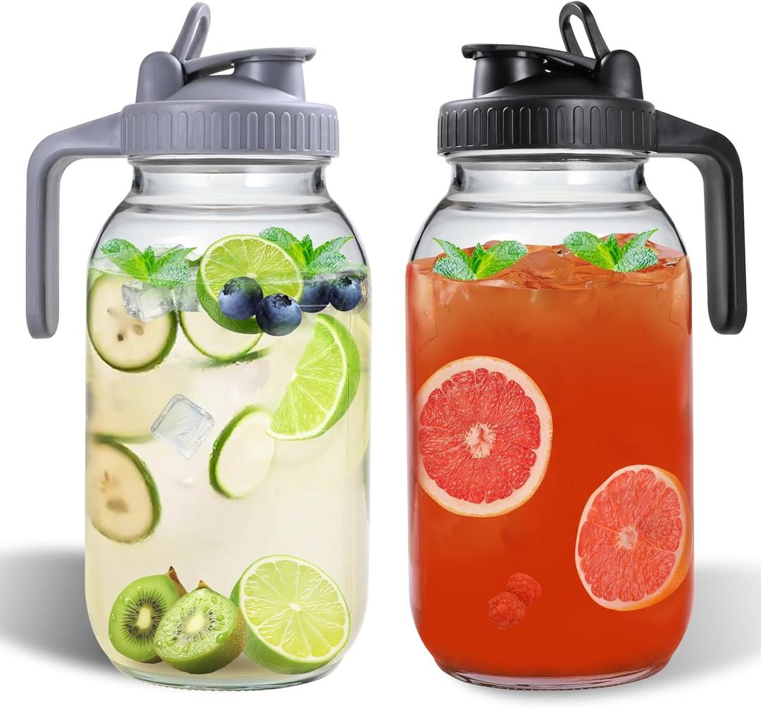 64oz Glass Pitchers with Lid and Spout, 2 Quart Mason Jar Pitchers, Wide Mouth Jar Leak-proof Water Jug for Water, Juice, Milk, Tea, Iced Coffee, and Drinks, 2 Packs. (Grey & Black)