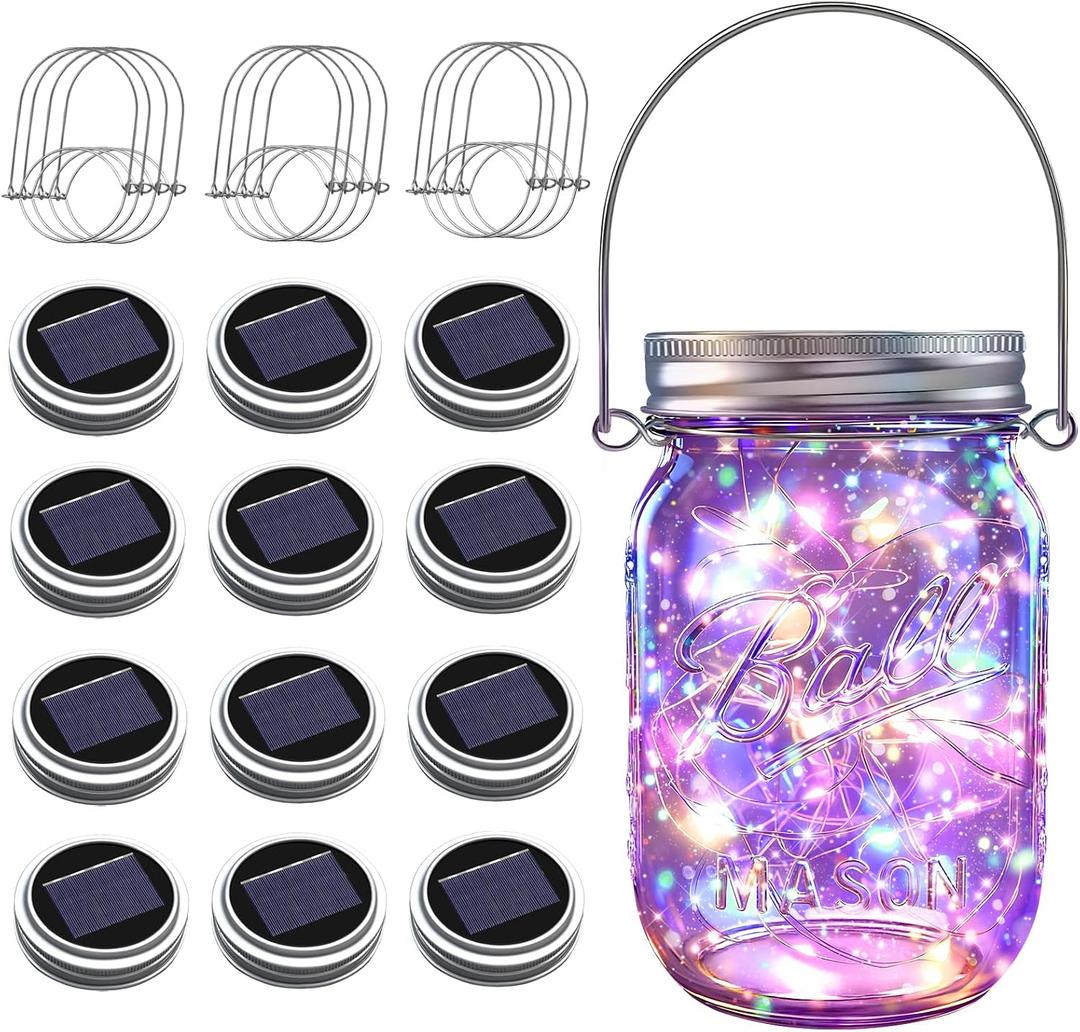 ZNYCYE Solar Mason Jar Lights, 12 Pack 30 LED Firefly Fairy String Lights, Waterproof Outdoor Solar Mason Jar Lid Lights with Hangers(NO Jars) for Patio Garden Yard Wedding Decoration - Multicolor