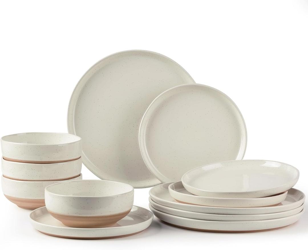 AmorArc Ceramic Dinnerware Sets, Handpainted Plates and Bowls Set with Rustic Terracotta Underside, Scratch Resistant Stoneware Dishes Set, Dishwasher & Microwave Safe (Service for 4, Light Beige)