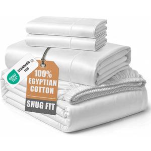 100% Egyptian Cotton Sheets King Size - Naturally Cooling & Breathable 4 Piece Silky Sateen Weave King Size Sheets Set, Ultra-Soft & Durable Hotel Luxury Sheets with 15" Snug Fit Deep Pockets - White