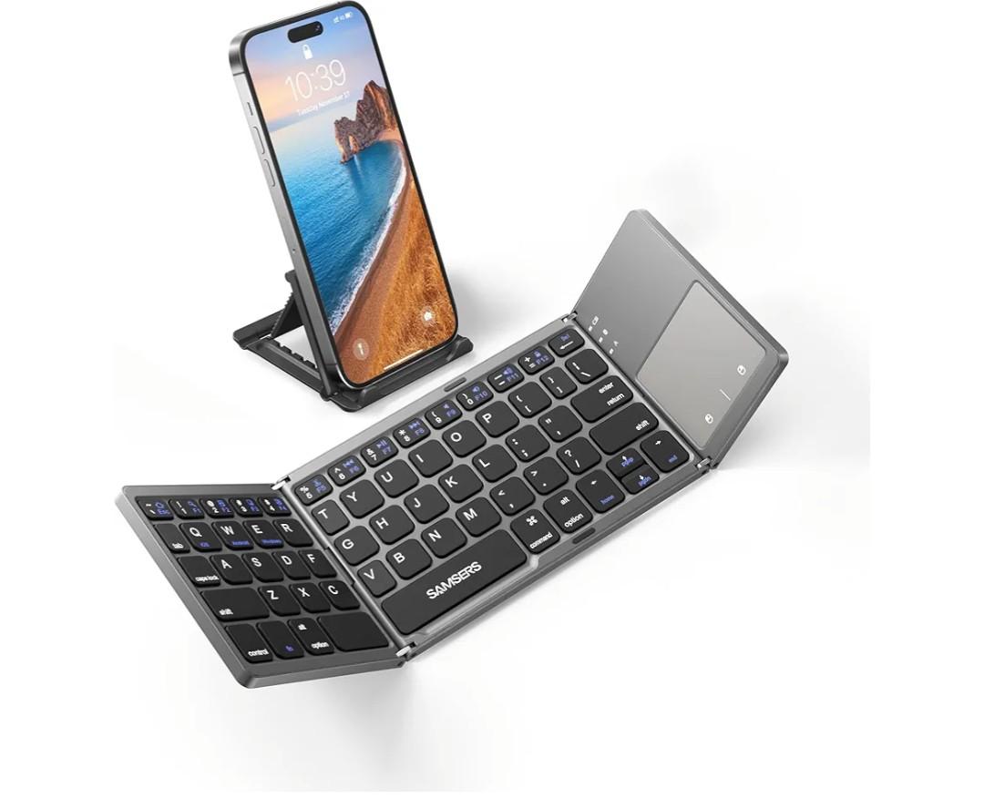 Samsers Foldable Bluetooth Keyboard with Touchpad, Portable Wireless Keyboard with Stand Holder, Rechargeable Full Size Ultra Slim Pocket Folding Keyboards for Android Windows IOS Tablet & Laptop-Gray