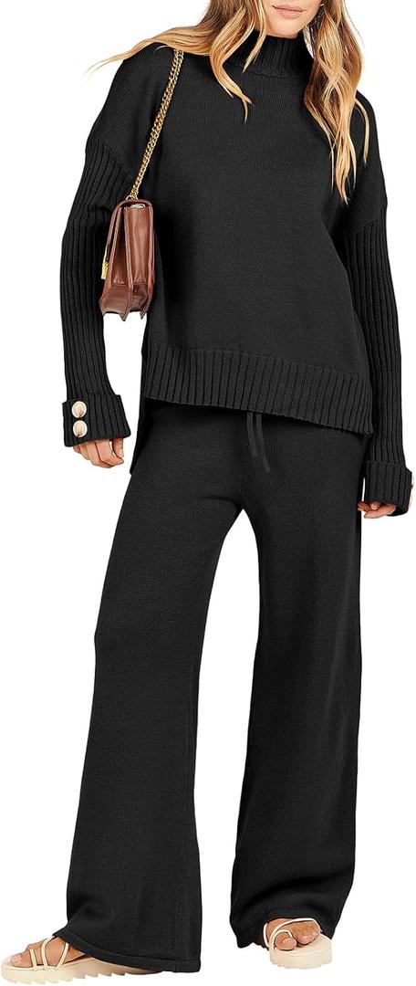 ANRABESS Women's 2 Piece Outfit Sweater Lounge Sets Long Sleeve Knit Pullover Wide Leg Pant Tracksuit Loungewear 2025 Fashion Black Medium