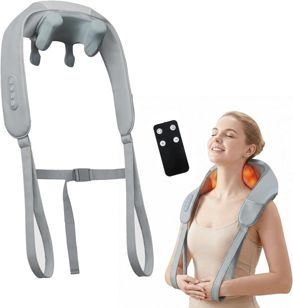 Neck Massager with Heat and Remote Control, Cordless Electric Shiatsu Deep Kneading Neck and Shoulder Massager for Pain Relief Deep Tissue, Portable Shoulder Massager Gift for Men Women