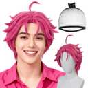 BESTBEL+Hair Cap Pink Wolf Cut Wig Short Pink Wig for Men Short Wavy Wigs Anime Synthetic Hair for KP Stage Outfits for Men Halloween Party Cosplay